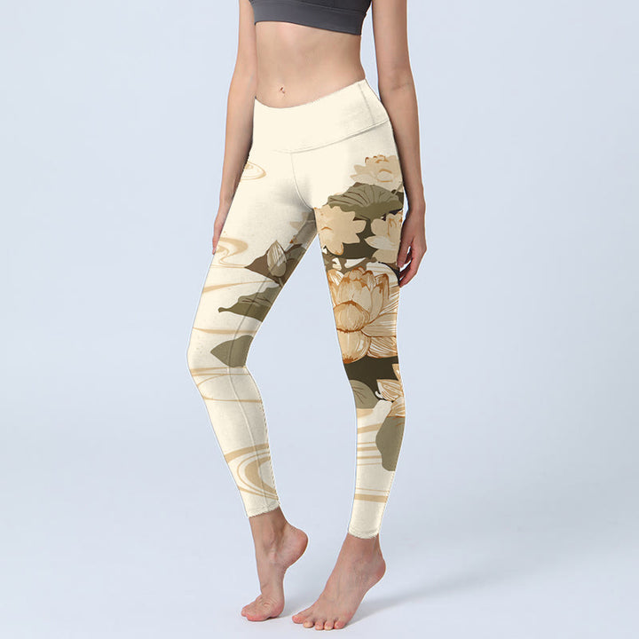 Buddha Stones Beige Lotusblumen-Druck Gym Fitness Leggings Damen Yogahose