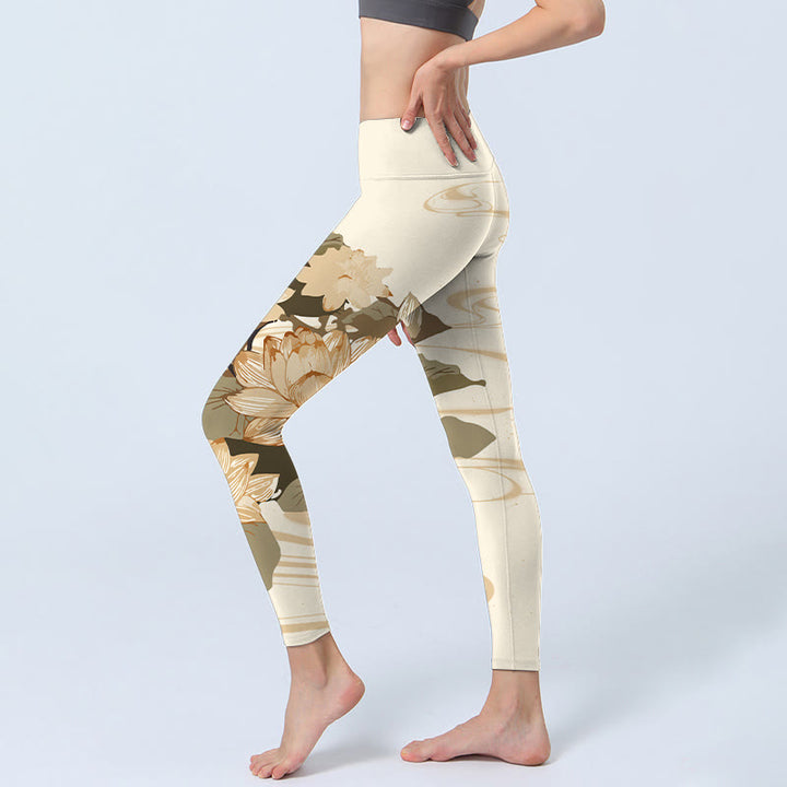 Buddha Stones Beige Lotusblumen-Druck Gym Fitness Leggings Damen Yogahose