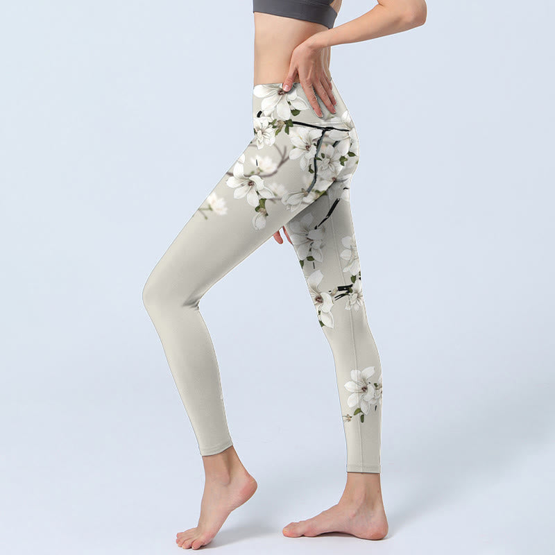 Buddha Stones Weiße Magnolien-Blumendruck-Sport-Fitness-Leggings für Damen, Yogahose