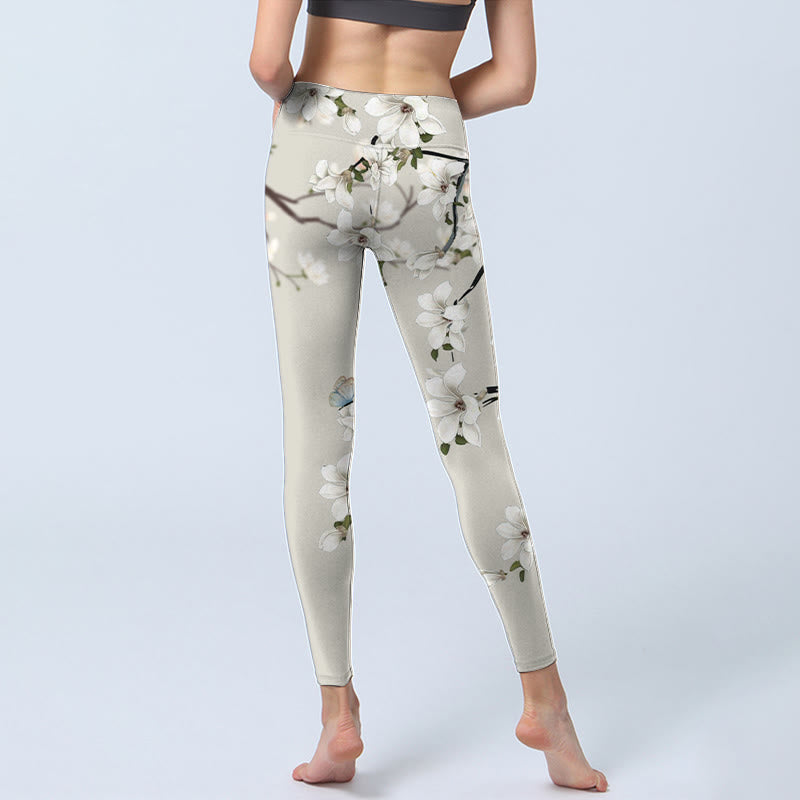 Buddha Stones Weiße Magnolien-Blumendruck-Sport-Fitness-Leggings für Damen, Yogahose