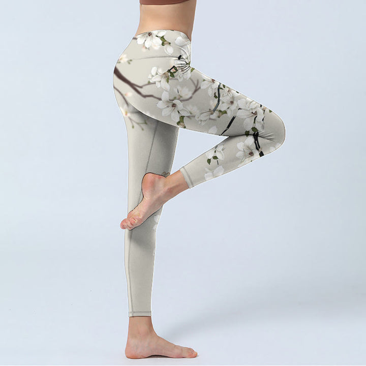 Buddha Stones Weiße Magnolien-Blumendruck-Sport-Fitness-Leggings für Damen, Yogahose