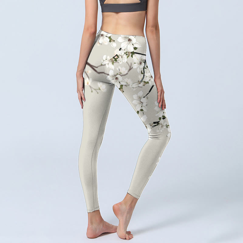 Buddha Stones Weiße Magnolien-Blumendruck-Sport-Fitness-Leggings für Damen, Yogahose