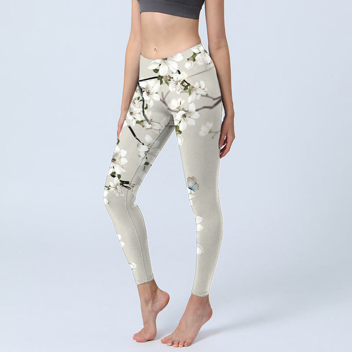 Buddha Stones Weiße Magnolien-Blumendruck-Sport-Fitness-Leggings für Damen, Yogahose