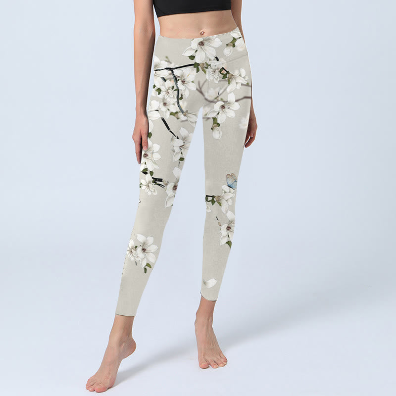 Buddha Stones Weiße Magnolien-Blumendruck-Sport-Fitness-Leggings für Damen, Yogahose