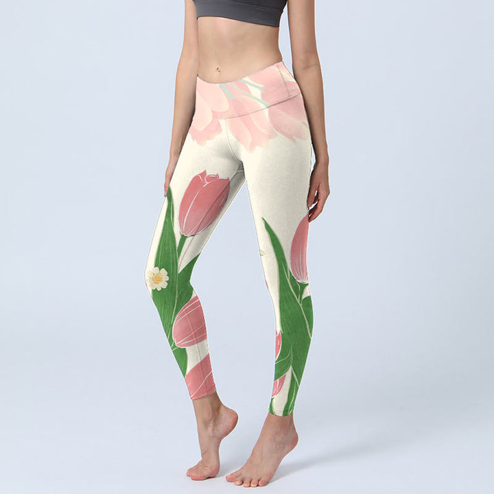 Buddha Stones Leggings mit rosa Tulpen-Blumen-Print für Fitnessstudio und Fitness, Yogahose für Damen