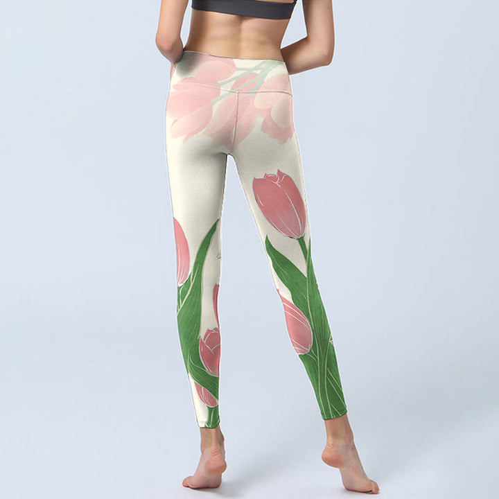 Buddha Stones Leggings mit rosa Tulpen-Blumen-Print für Fitnessstudio und Fitness, Yogahose für Damen