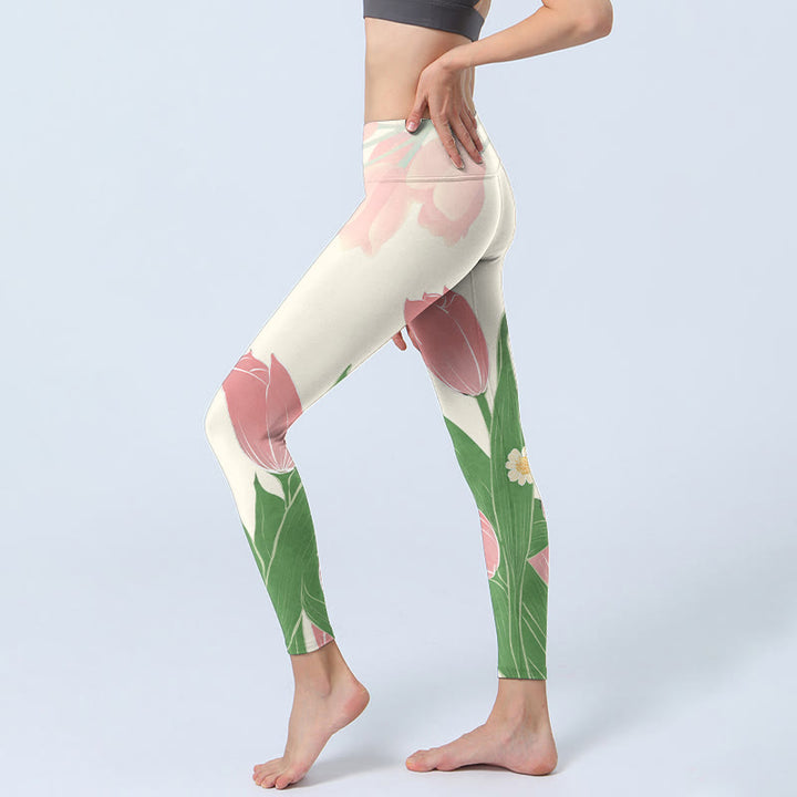 Buddha Stones Leggings mit rosa Tulpen-Blumen-Print für Fitnessstudio und Fitness, Yogahose für Damen