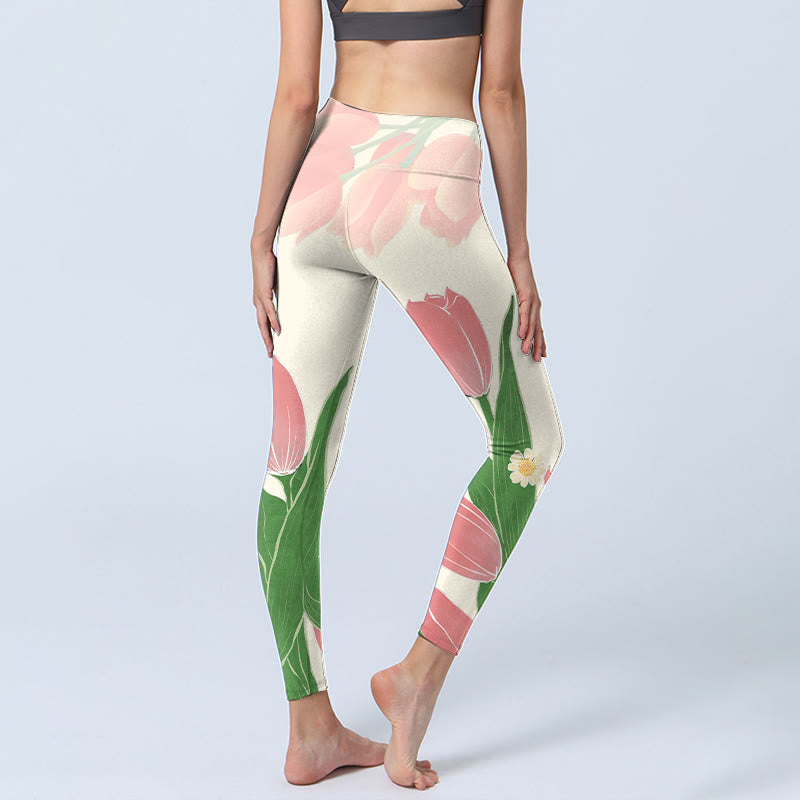 Buddha Stones Leggings mit rosa Tulpen-Blumen-Print für Fitnessstudio und Fitness, Yogahose für Damen