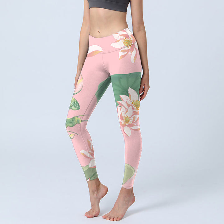 Buddha Stones Rosa Lotusblüte Blatt Druck Gym Fitness Leggings Damen Yogahose