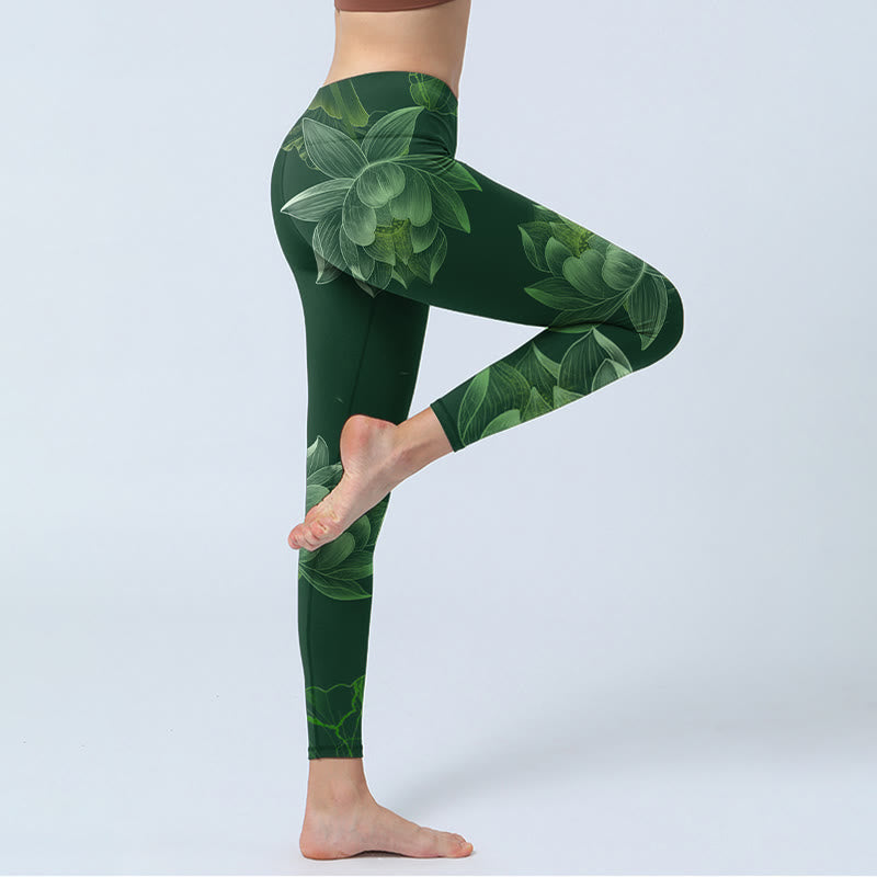 Buddha Stones Dunkelgrün Lotusblüte Blatt Druck Gym Fitness Leggings Damen Yoga Hose