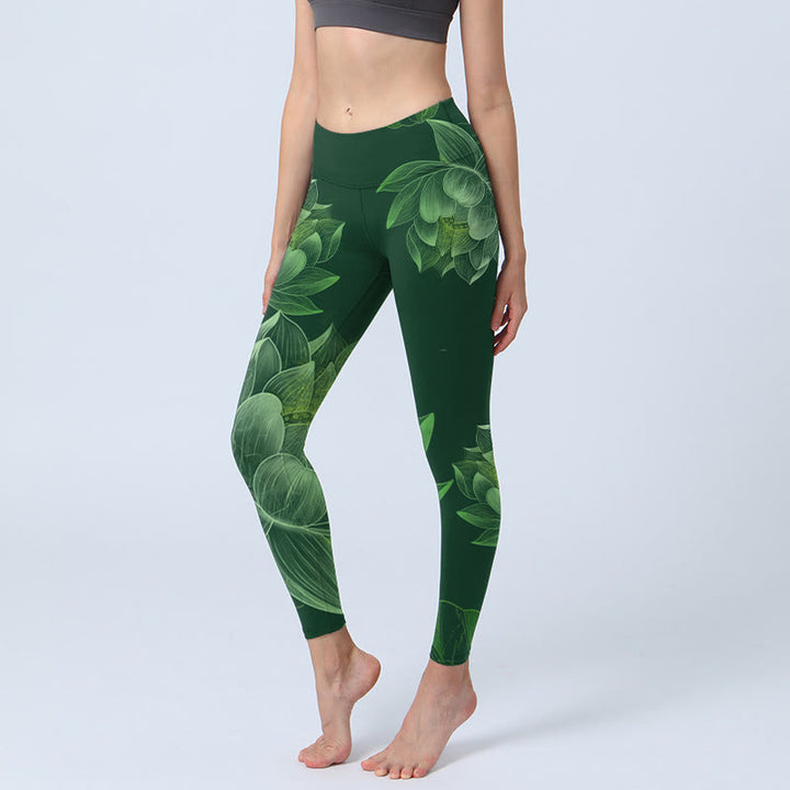 Buddha Stones Dunkelgrün Lotusblüte Blatt Druck Gym Fitness Leggings Damen Yoga Hose