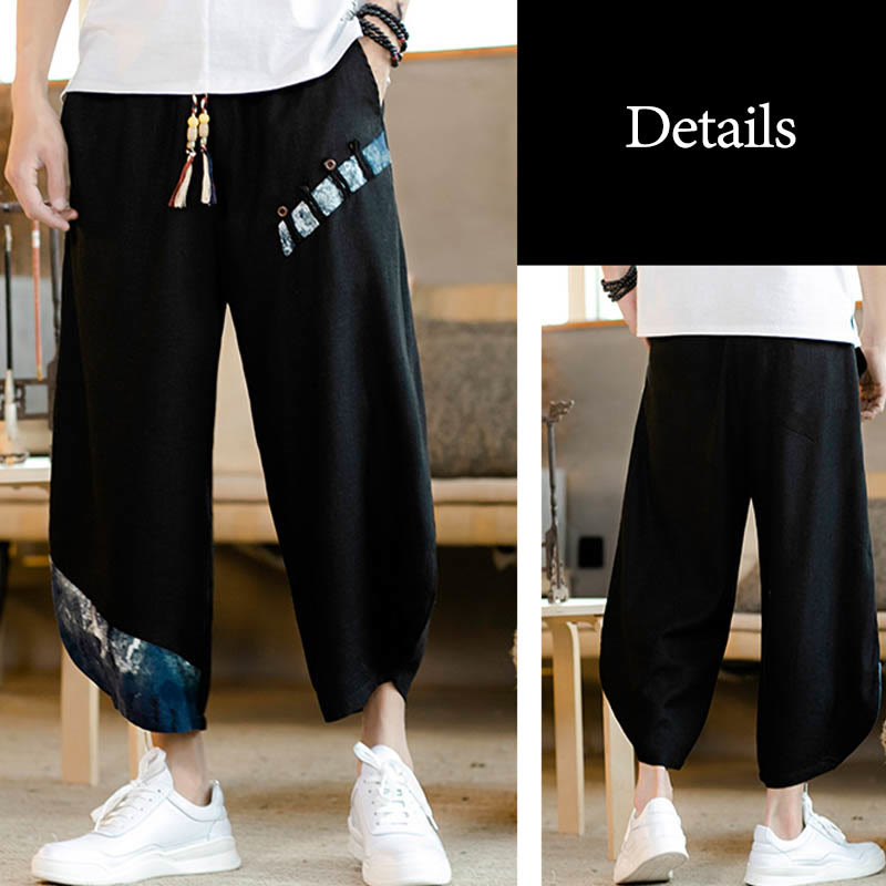 Buddha Stones Patchwork Design Kordelzug Baumwolle Herren Cropped Hose mit Taschen - image 20