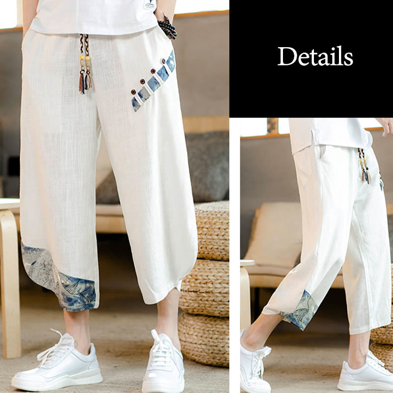 Buddha Stones Patchwork Design Kordelzug Baumwolle Herren Cropped Hose mit Taschen - image 8