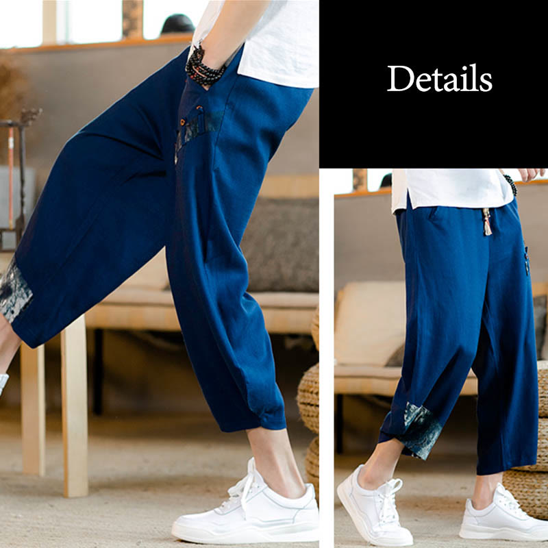 Buddha Stones Patchwork Design Kordelzug Baumwolle Herren Cropped Hose mit Taschen - image 14