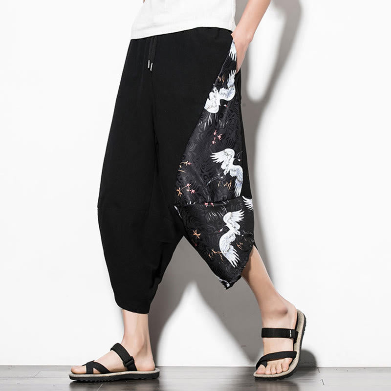 Buddha Stones – Kurze Haremshose aus Baumwolle mit weißem Kranich-Print und Taschen für Herren - image 1