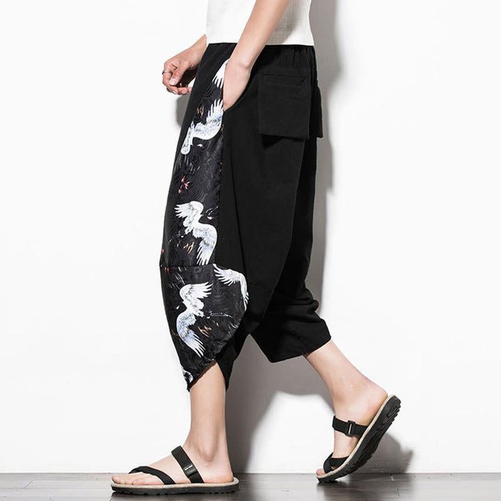 Buddha Stones – Kurze Haremshose aus Baumwolle mit weißem Kranich-Print und Taschen für Herren - image 7