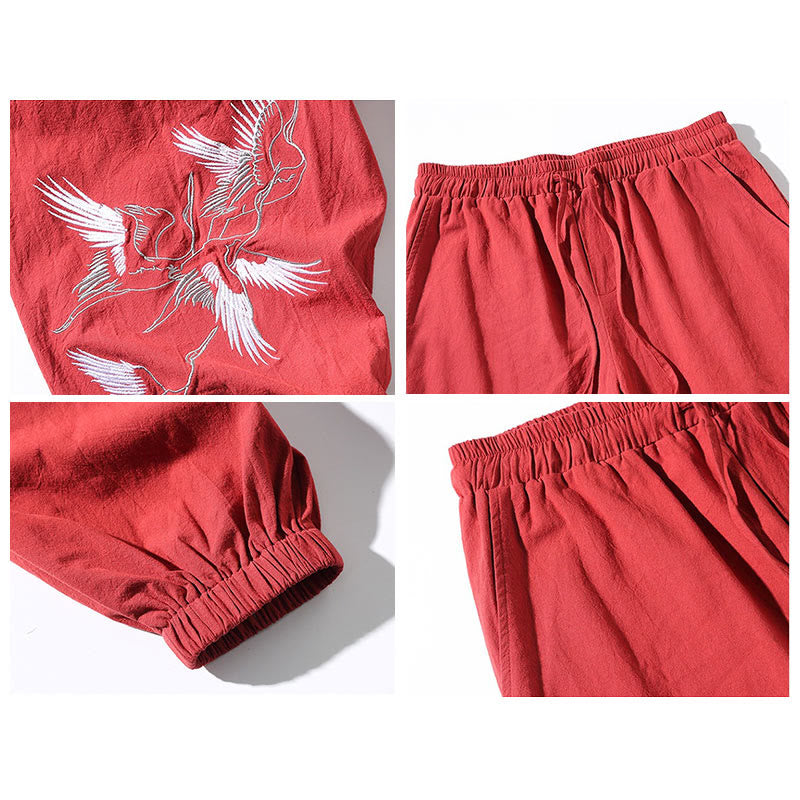 Buddha Stones Weißer Kranich Stickmuster Kordelzug Herren Haremshose mit Taschen - image 21