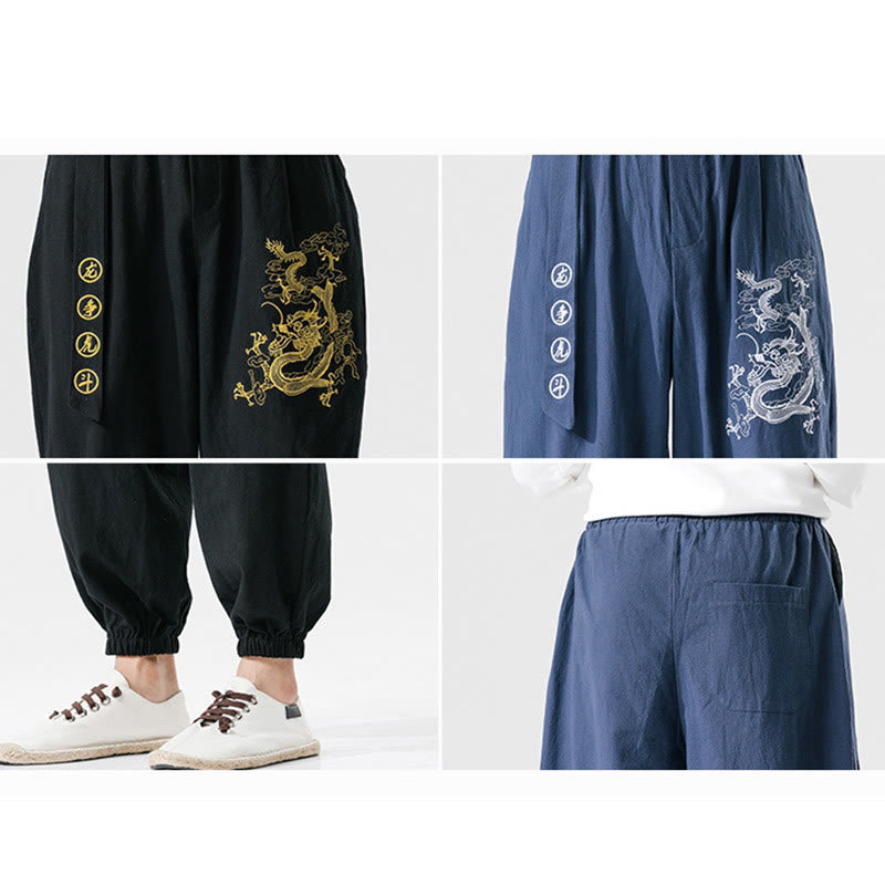 Buddha Stones, glückverheißende Wolken, Drachen, Baumwolle, Herrenhose mit Taschen