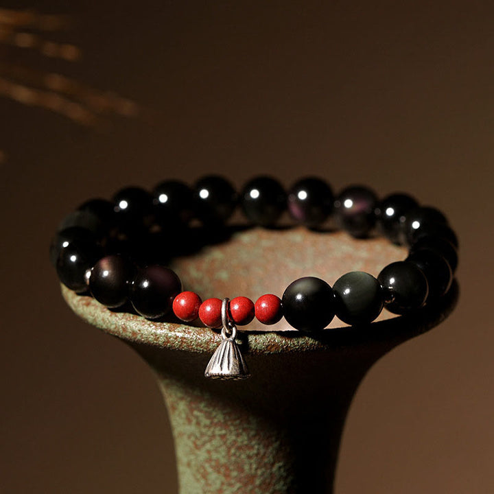 Armband mit Buddha Stones , natürlichem schwarzem Obsidian und Zinnober, Lotus-Charme, Stärke, Erfüllung