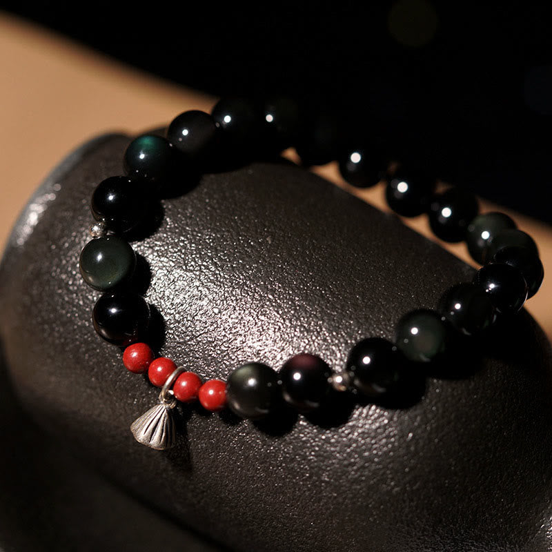 Armband mit Buddha Stones , natürlichem schwarzem Obsidian und Zinnober, Lotus-Charme, Stärke, Erfüllung