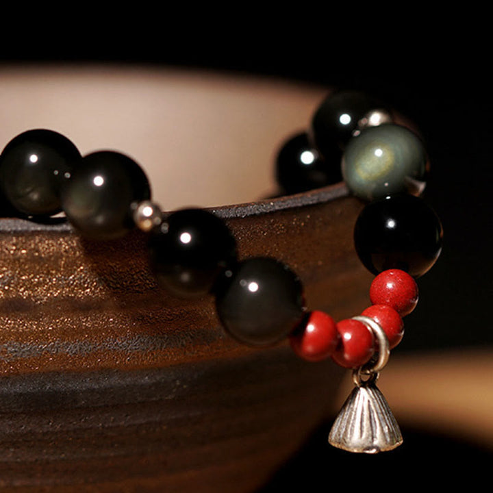 Armband mit Buddha Stones , natürlichem schwarzem Obsidian und Zinnober, Lotus-Charme, Stärke, Erfüllung