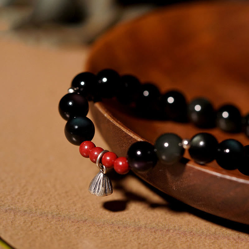 Armband mit Buddha Stones , natürlichem schwarzem Obsidian und Zinnober, Lotus-Charme, Stärke, Erfüllung