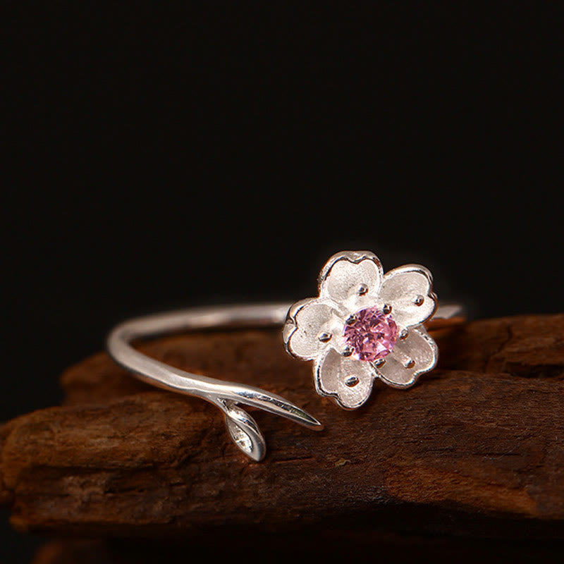 Buddha Stones 925 Sterling Silber Kirschblüte Sakura Blume Segen verstellbarer Ring