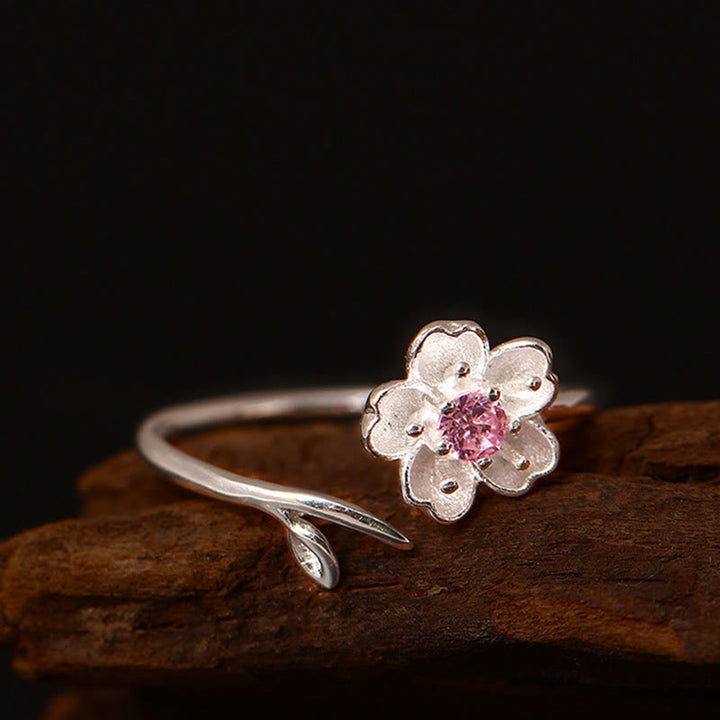 Buddha Stones 925 Sterling Silber Kirschblüte Sakura Blume Segen verstellbarer Ring - image 1