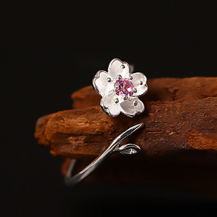 Buddha Stones 925 Sterling Silber Kirschblüte Sakura Blume Segen verstellbarer Ring