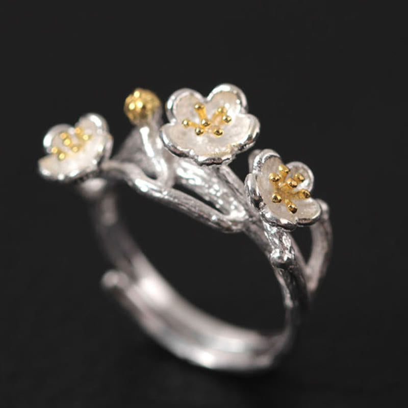 Buddha Stones 925 Sterling Silber Pflaumenbossom Ruhering - Silber - image 0