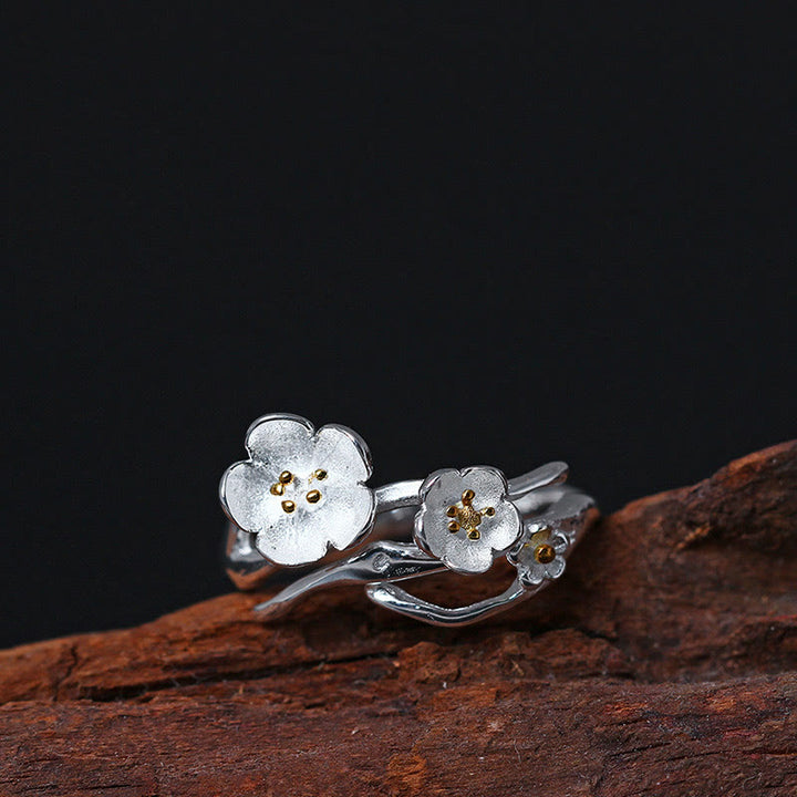 Buddha Stones 925 Sterling Silber Plum Bossom Balance Ring - Goldene Staubgefäße - image 0