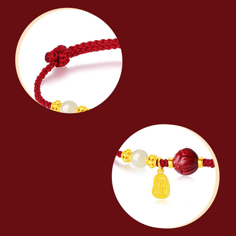 Buddha Stones Fu Charakter Jade Zinnober 24 K vergoldet Glück rote Schnur Armband