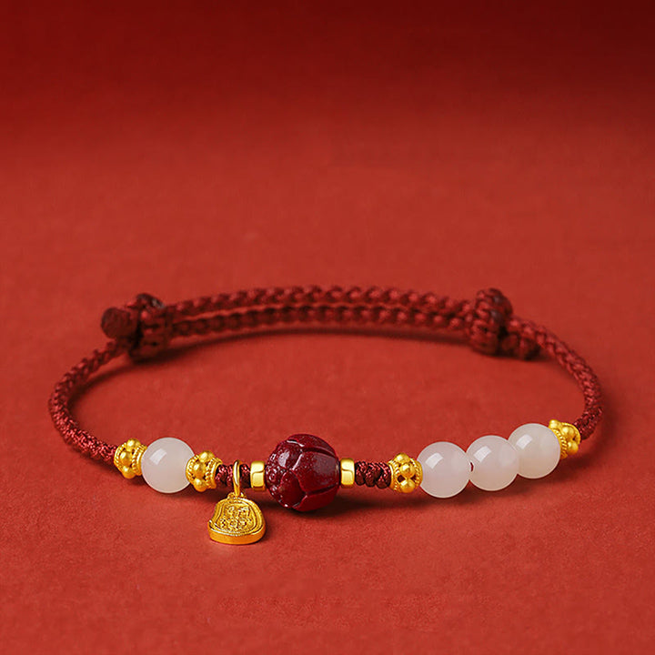 Buddha Stones Fu Charakter Jade Zinnober 24 K vergoldet Glück rote Schnur Armband