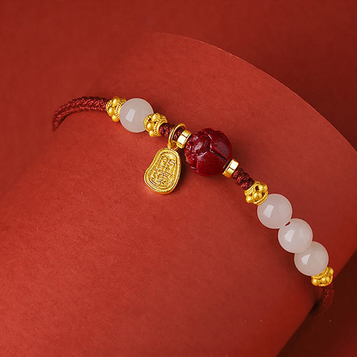 Buddha Stones Fu Charakter Jade Zinnober 24 K vergoldet Glück rote Schnur Armband