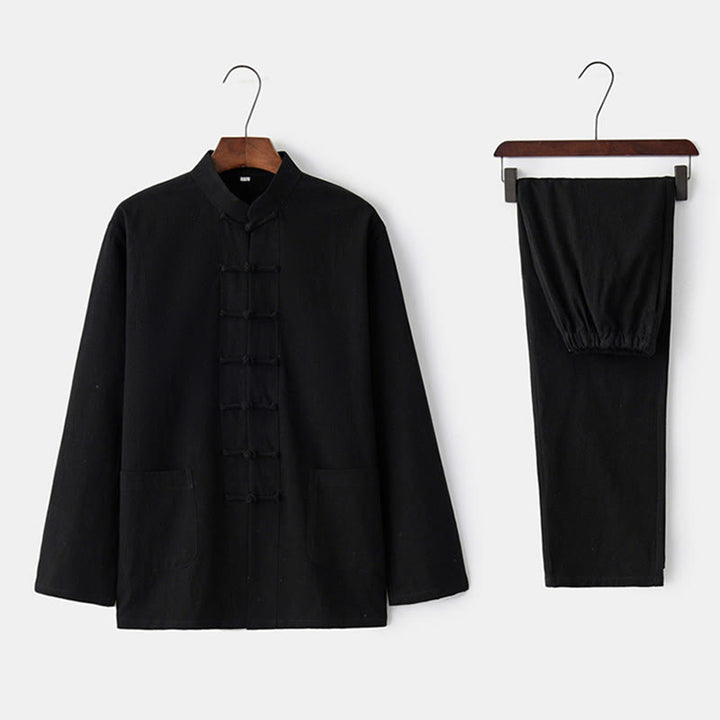 Buddha Stones Frosch-Knopf Tang Langarmhemd Hose Herrenanzug - Schwarz - US/ UK/AU44, EU54 (4XL) - image 1