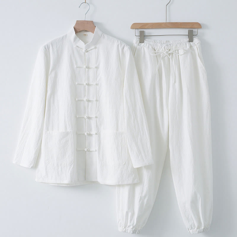 Buddha Stones Meditation Frosch-Knopf Tang Langarmhemd Hose Herrenanzug - Weißes Hemd und weiße Hose - US/ UK/AU44, EU54 (4XL) - image 1