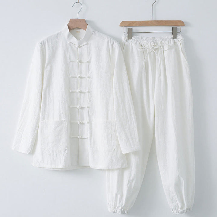 Buddha Stones Meditation Frosch-Knopf Tang Langarmhemd Hose Herrenanzug - Weißes Hemd und weiße Hose - US/ UK/AU44, EU54 (4XL) - image 1