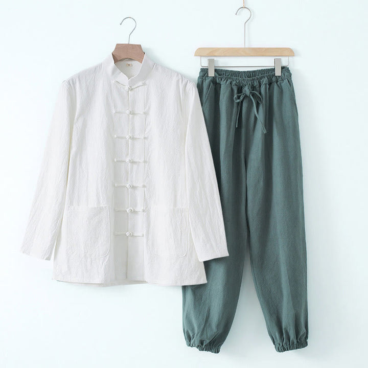 Buddha Stones Meditation Frosch-Knopf Tang Langarmhemd Hose Herrenanzug - Weißes Hemd & Kadettenblaue Hose - US/UK/AU44, EU54 (4XL) - image 20