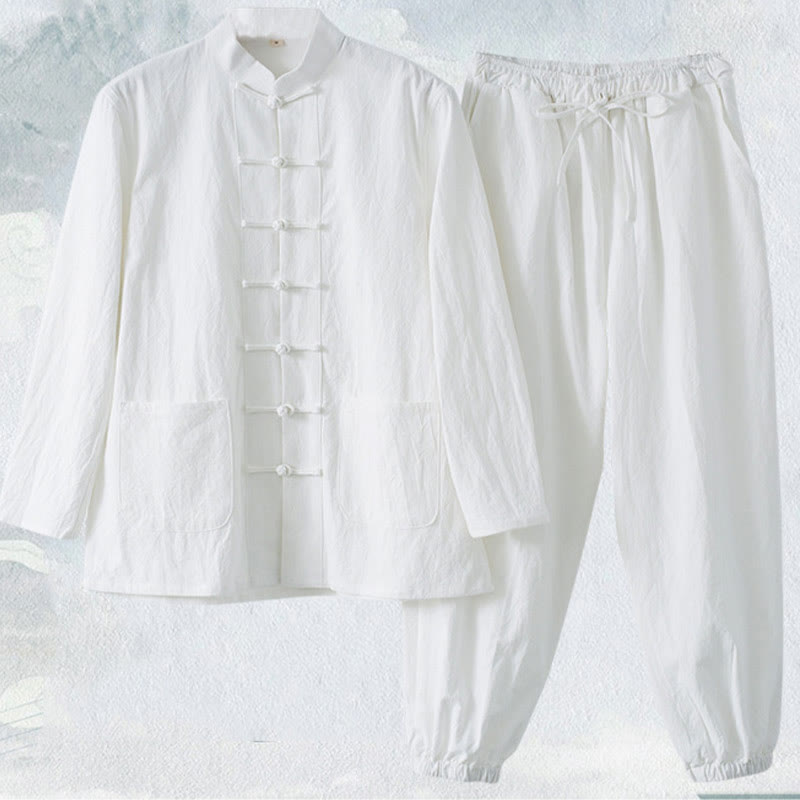 Buddha Stones Meditation Frosch-Knopf Tang Langarmhemd Hose Herrenanzug - image 2