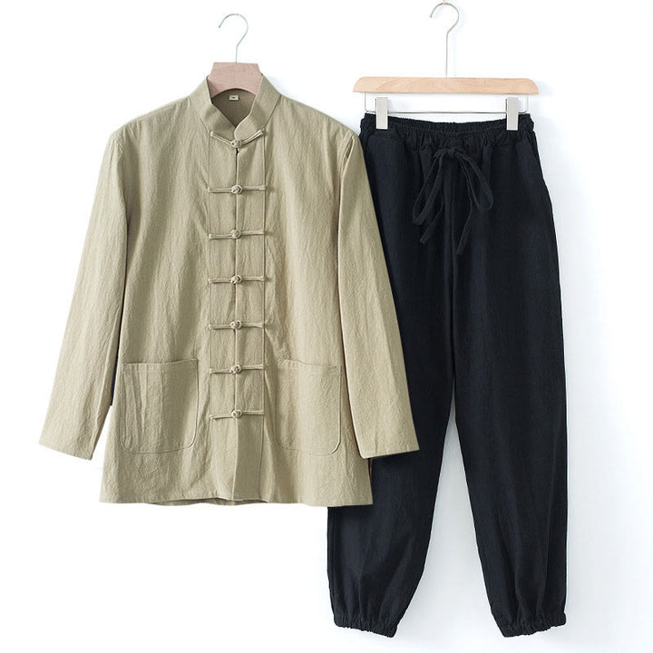 Buddha Stones Meditation Frosch-Knopf Tang Langarmhemd Hose Herrenanzug - Hellbraunes Hemd und schwarze Hose - US/ UK/AU44，EU54 (4XL) - image 22