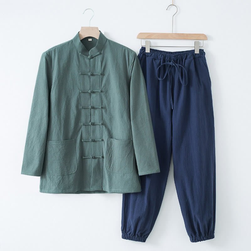 Buddha Stones Meditation Frosch-Knopf Tang Langarmhemd Hose Herrenanzug - Kadettenblaues Hemd und dunkelblaue Hose - US/ UK/AU44, EU54 (4XL) - image 25