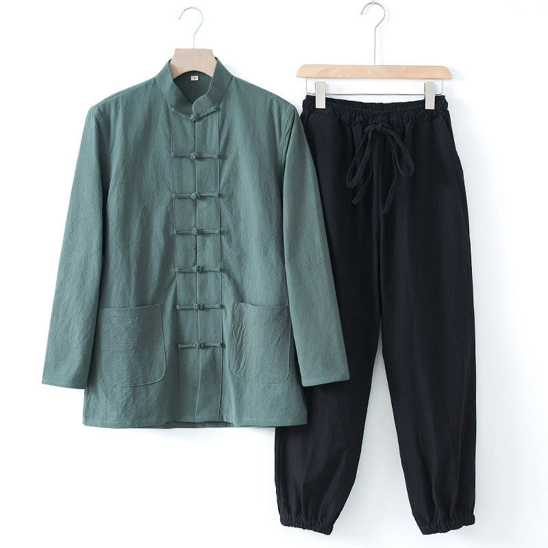 Buddha Stones Meditation Frosch-Knopf Tang Langarmhemd Hose Herrenanzug - CadetBlaues Hemd & Schwarze Hose - US/ UK/AU44，EU54 (4XL) - image 24
