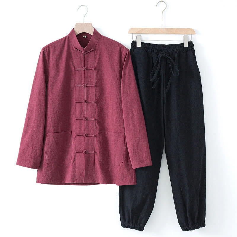 Buddha Stones Meditation Frosch-Knopf Tang Langarmhemd Hose Herrenanzug - Kastanienbraunes Hemd und schwarze Hose - US/ UK/AU44，EU54 (4XL) - image 23