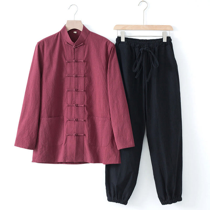 Buddha Stones Meditation Frosch-Knopf Tang Langarmhemd Hose Herrenanzug - Kastanienbraunes Hemd und schwarze Hose - US/ UK/AU44，EU54 (4XL) - image 23