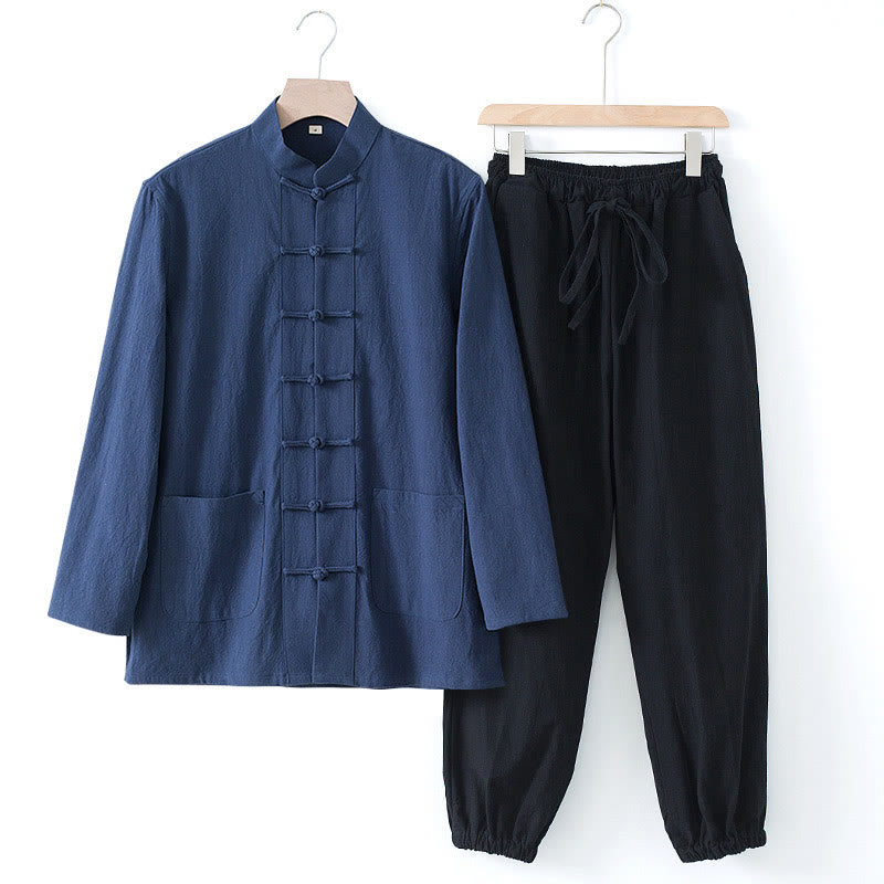Buddha Stones Meditation Frosch-Knopf Tang Langarmhemd Hose Herrenanzug - Dunkelblaues Hemd und schwarze Hose - US/ UK/AU44，EU54 (4XL) - image 0