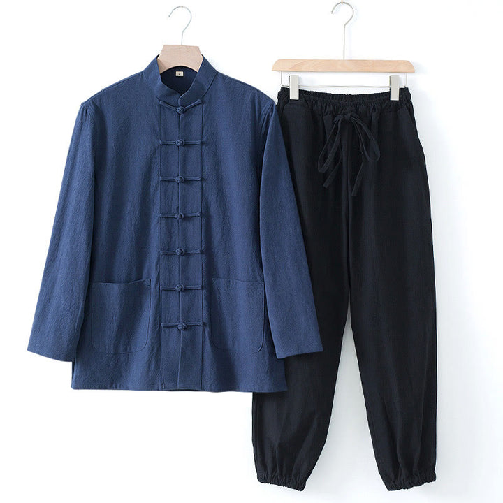 Buddha Stones Meditation Frosch-Knopf Tang Langarmhemd Hose Herrenanzug - Dunkelblaues Hemd und schwarze Hose - US/ UK/AU44，EU54 (4XL) - image 0