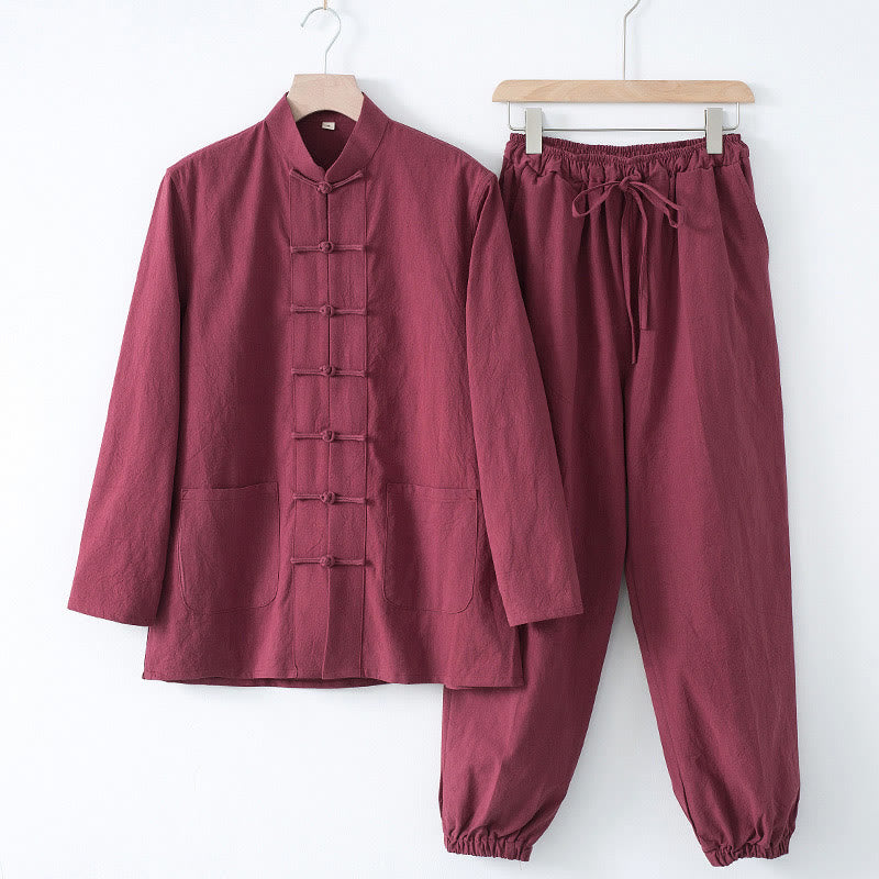Buddha Stones Meditation Frosch-Knopf Tang Langarmhemd Hose Herrenanzug - Bordeauxrotes Hemd und bordeauxrote Hose - US/UK/AU44, EU54 (4XL) - image 14