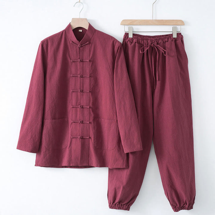 Buddha Stones Meditation Frosch-Knopf Tang Langarmhemd Hose Herrenanzug - Bordeauxrotes Hemd und bordeauxrote Hose - US/UK/AU44, EU54 (4XL) - image 14