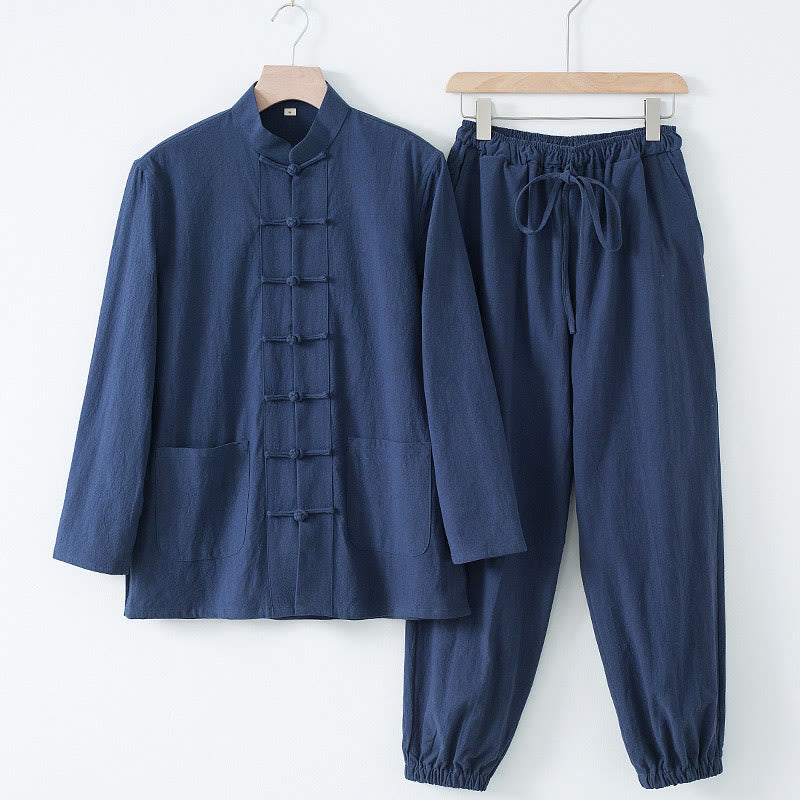 Buddha Stones Meditation Frosch-Knopf Tang Langarmhemd Hose Herrenanzug - Dunkelblaues Hemd und dunkelblaue Hose - US/UK/AU44, EU54 (4XL) - image 12