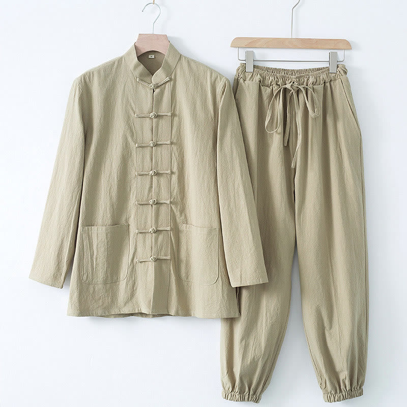 Buddha Stones Meditation Frosch-Knopf Tang Langarmhemd Hose Herrenanzug - Beiges Hemd und beige Hose - US/ UK/AU44, EU54 (4XL) - image 15